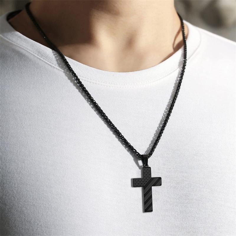 Men's Cross Necklace: Bible Verse & American  Flag Pendant | Stainless Steel Patriotic Faith Chain - Bold Gift for Him men boy black tone Strength Inspiration