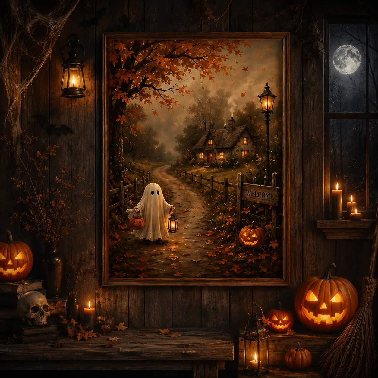 [Unframed Poster] Vintage Halloween Ghost Wall Art Autumn Pumpkin Patch Cozy Cottagecore Fall Decor Spooky Season Print Halloween Gift