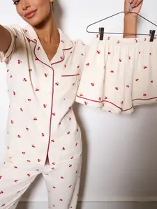 Women's Sleepwear Pajama Three-Piece Set, Short Sleeves + Shorts + Long Pants, Cherry Pattern, Casual All-Season Home Wear