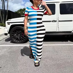 Women's Colorblock Striped Print Split Side Tee Dress, Dresses for Women, Casual Short Sleeve Round Neck Long Dress for Daily Outdoor Wear, Dress in Club, Dresses for Women, Ladies Classy Dresses Womenswear Summer Crewneck Multicolor