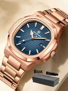 Luxury Men's Square Luminous Waterproof Calendar Stainless Steel Watch, High-Quality Quartz Analog Business Watch, Perfect Gift