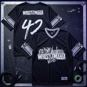 [HOT JERSEY] WrestleMania 42 Vegas Football Jersey – Men’s Black Wrestling Inspired Fashion Shirt - Full Print Logo
