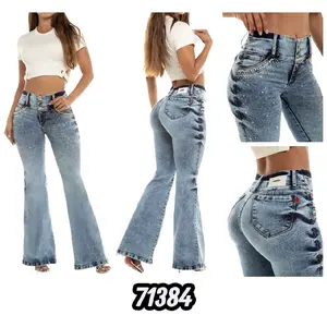 Colombian Bell-bottom Jeans, Clear Blue Jaspeado with embroidered design decorated with rhinestones