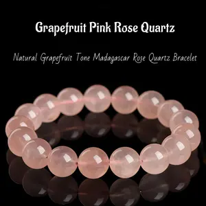 7A Grade Creamy Grapefruit Pink Madagascar Rose Quartz Round Bead Bracelet Natural Pink Crystal Bracelet Wholesale