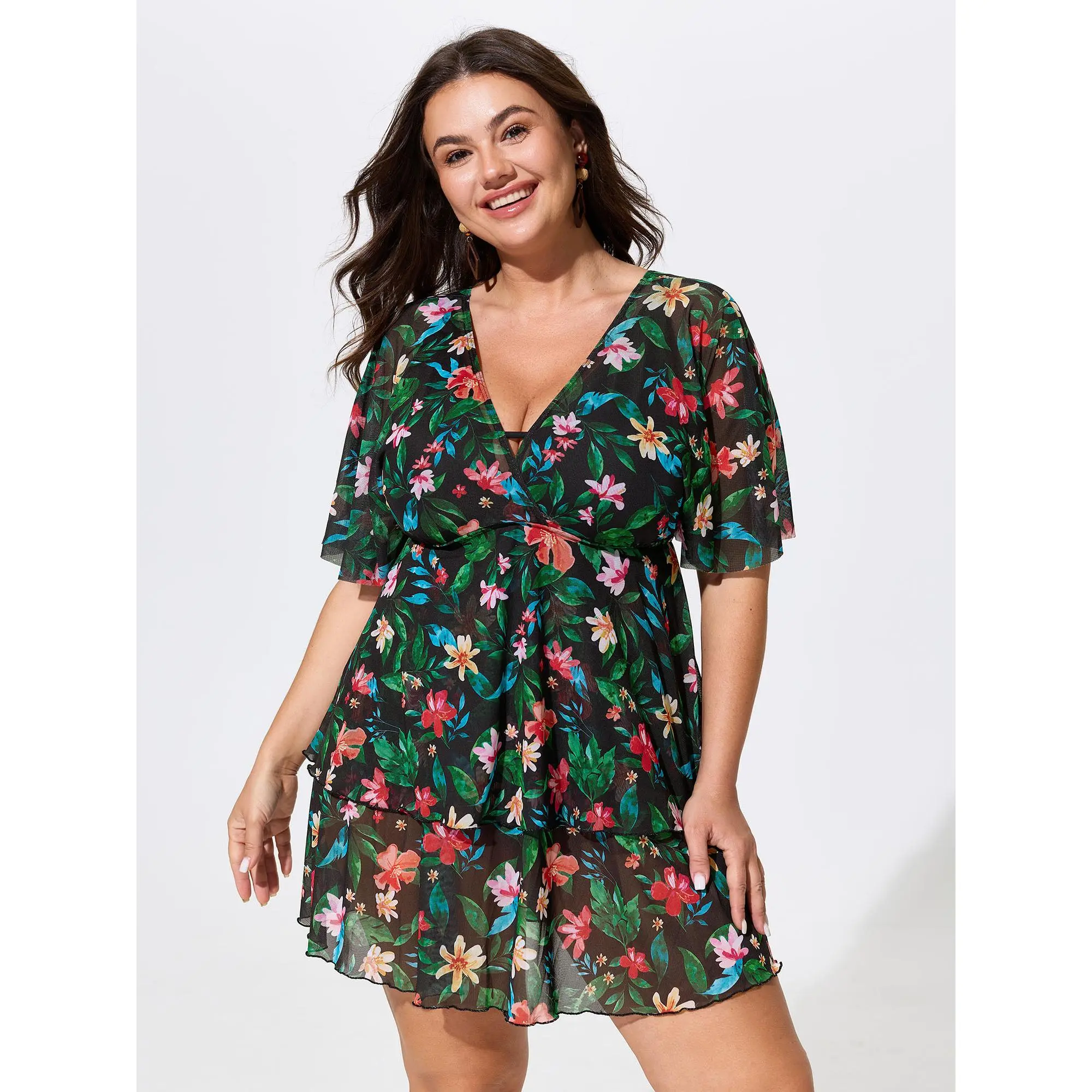 BLOOMCHIC Plus Size Floral Print Mesh Tiered Swim Dress M-6X 2026,Summerfinds