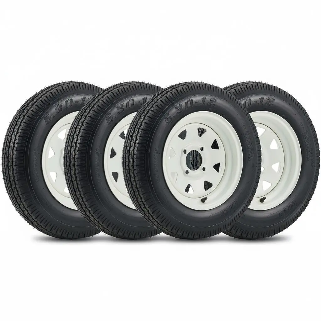 Garvee Upgraded 5.30-12 Trailer Tire & Rim Set, 4 Lug 4" Wheel, Load Range C 6PR, with Wheel Caps for Lawn Mower Tractor Boat Trailer