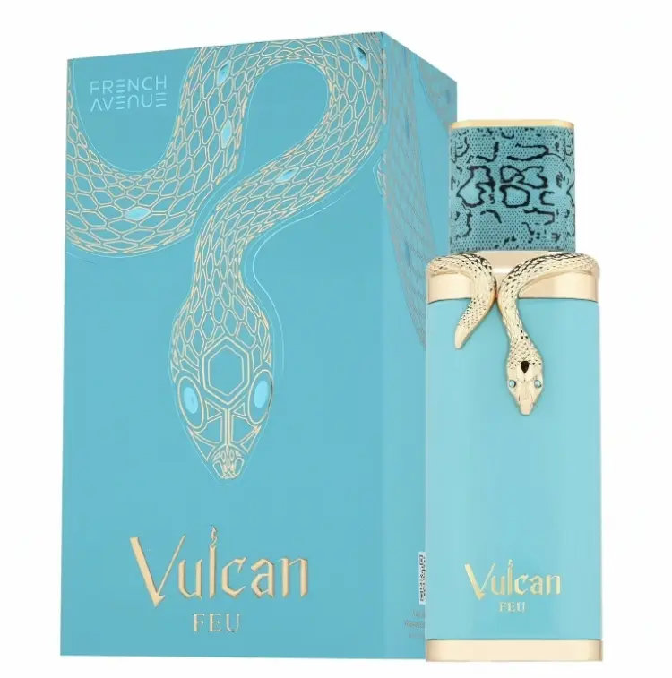 Women's Spicy Youth Arabian Fragrance World Vulcan FEU 3.4oz EDP Fragrance Perfumes, Travel Size, Unique Snake Design Bottle, Turquoise Packaging, Long-Lasting for Daily Commute, French Avenue, Ginger, Warm Ambergris