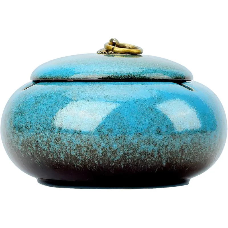 Large Size Color Glaze Cigarette Ashtray Windproof and Rainproof Outdoor Ceramic Ashtray Travel Portable Ash Tray with Metal Lifting Ring Lid Decorative Ashtray (Blue)
