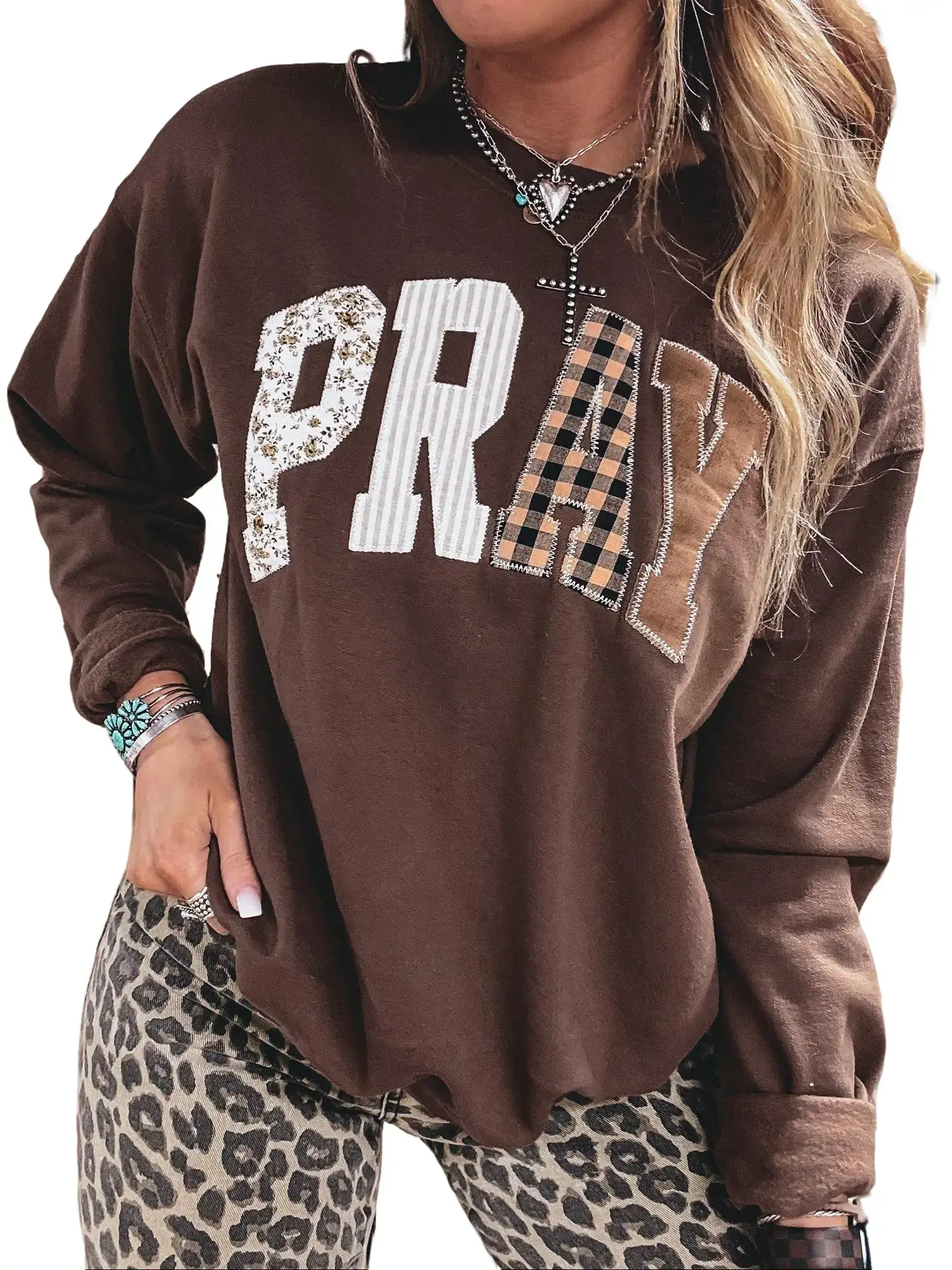 Women's Western Floral Plaid Patchwork Sweatshirt, Embroidered Detail Long Sleeve Casual Pullover,sohochic