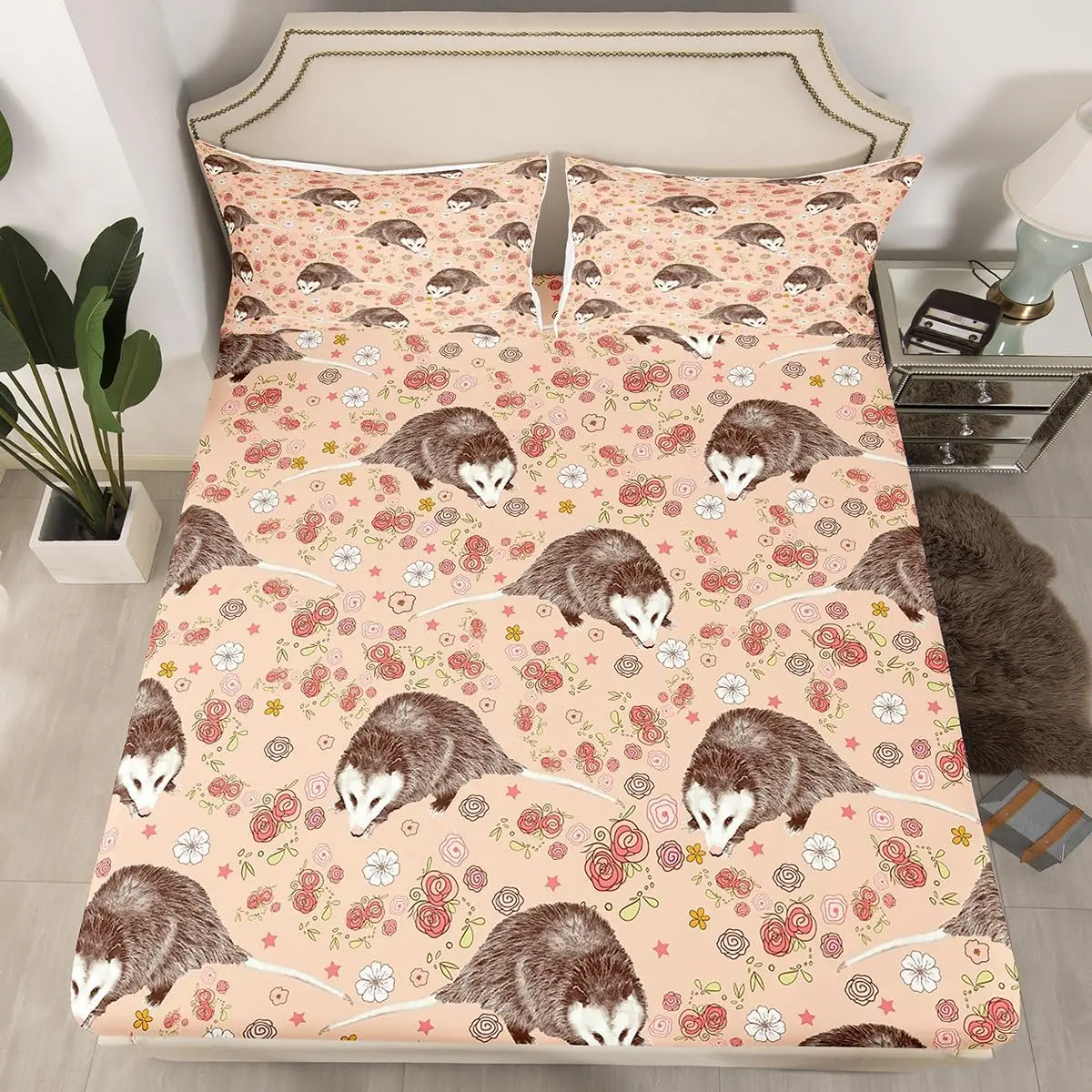 Funny Opossum Bed Sheet Set Cute Possum Fitted Sheet Floral Branches Bedding Set Carton Animal Lovers Bedding Sheets Bedroom Decor