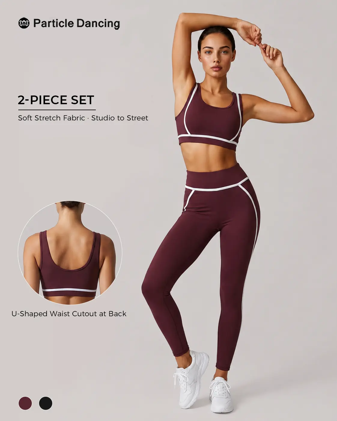 Women’s 2 Piece Yoga Set, Burgundy Sports Bra and High Waisted 7/8 Leggings Set with Contrast Trim, Open Back Workout Set for Gym, Pilates, Yoga & Everyday Activewear