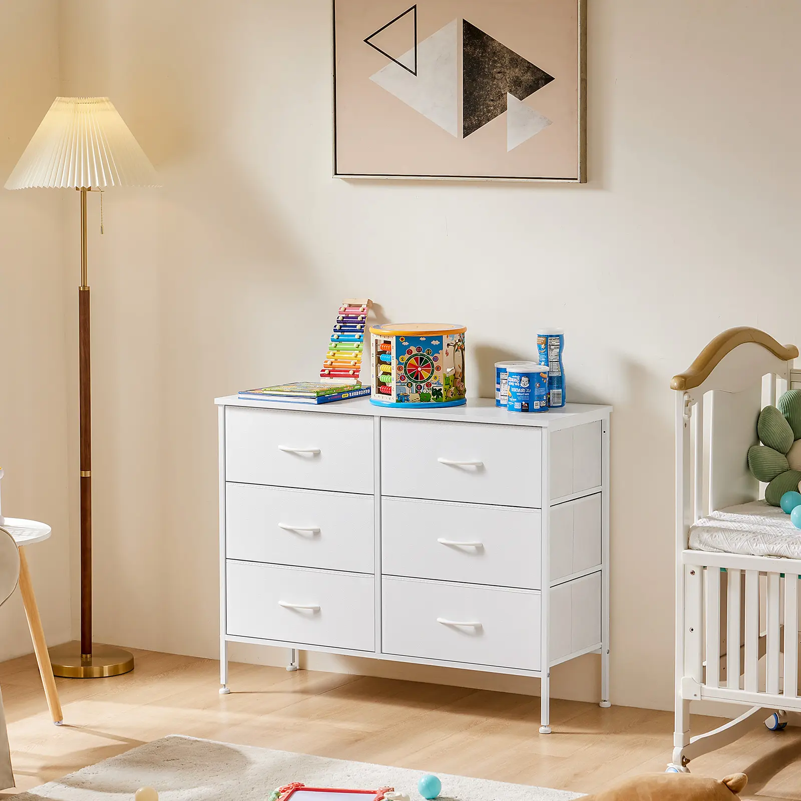 White Wide Modern Wood Dresser with 6 Drawers - Sturdy Freestanding Heavy-Duty Metal & Wood Chest (15-20 Kg) with Adjustable Legs, Metal Frame, Wooden Top, Fabric Construction, Sideboard Storage Cabinet, 45" TV Stand (Requires Assembly) for Bedroom