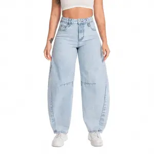BLUEMOMENT High Waisted Baggy Jeans for Women Vintage Washed Light Blue Banana Denim Pants Streetwear Harajuku Loose Fit Barrel Jeans with Removable Drawstring Casual Commuter Female Ankle-length Pants