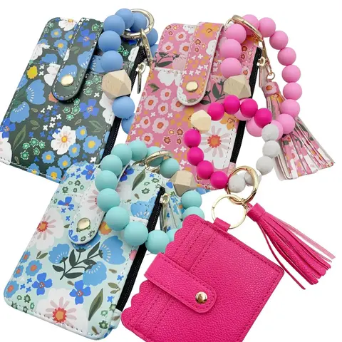 4 piece set,Women's Boho Style Beaded & Tassel Decorated Keychain with Flower Pattern Wallet, Cute Trendy Keychain, Chic Gorgeous Keychain for Key & Bag Decor