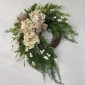 Hydrangea Wreath, 22 Inch Spring Wreath for Front Door, Summer Wreath with White Hydrangea, Greenery and Burlap Bow, Farmhouse Floral Door Wreath for Indoor Outdoor Wall Porch Décor