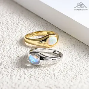 BEASON Jewelry Sparkling Moonstone Ring - Elegant Natural Moonstone with Soft Blue Light, Durable & Fade-Resistant, Simple Design for Men & Women, Ideal for Everyday Wear