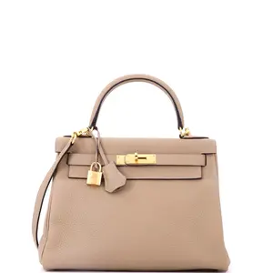 Pre-owned HERMÈS Leather Top Handle Bags Hermes Kelly Handbag Light Clemence with Gold Hardware 28 by Rebag