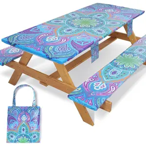 Picnic Table Cover with Bench Covers Fitted Waterproof Camping Tablecloth with Elastic for 6 Foot Rectangle Tables Outdoor Travel Rv Essentials Summer Vacation Accessories Gifts for Men Women