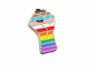 Progress Pride Fist Enamel Pin - LGBTQ+ Equality Lapel Pin Inclusive Pride Flag Solidarity Accessory Protest & Pride Month Gift 1" Soft Enamel Polished Brass Clutch Back