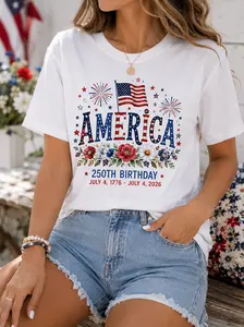 America 250th Birthday Graphic T-Shirt, Patriotic Floral Flag Tee, USA Independence Day 2026 Shirt, Fourth of July Celebration Top, Freedom Spirit Graphic Tee, Summer Casual Patriotic Outfit, Gift for Family Friends Breathable Style