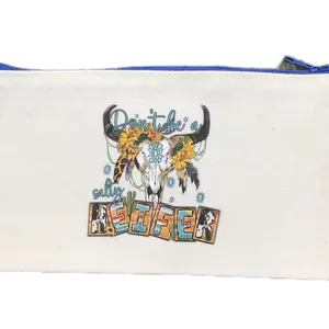 Don't be a Salty Heifer Bull Skull Cosmetic Bag with Blue Zipper, Featuring "Don't be a Salty Heifer" Text and Bull Skull Design