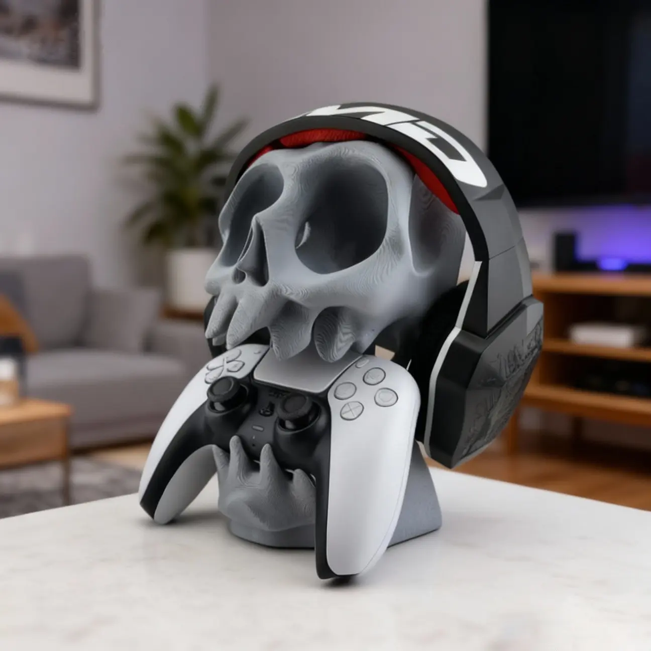 3D Printed Skull Headphone Stand & Controller Holder, 2-in-1 Gaming Desk Organizer for Headsets and Game Controllers, Unique Gamer Room Decor
