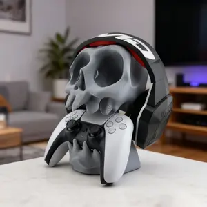 3D Printed Skull Headphone Stand & Controller Holder, 2-in-1 Gaming Desk Organizer for Headsets and Game Controllers, Unique Gamer Room Decor