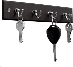 Wall Mounted Key Rail Rack – 4-Hook Black Metal Hanger Organizer for Home Entryway, Kitchen & Office