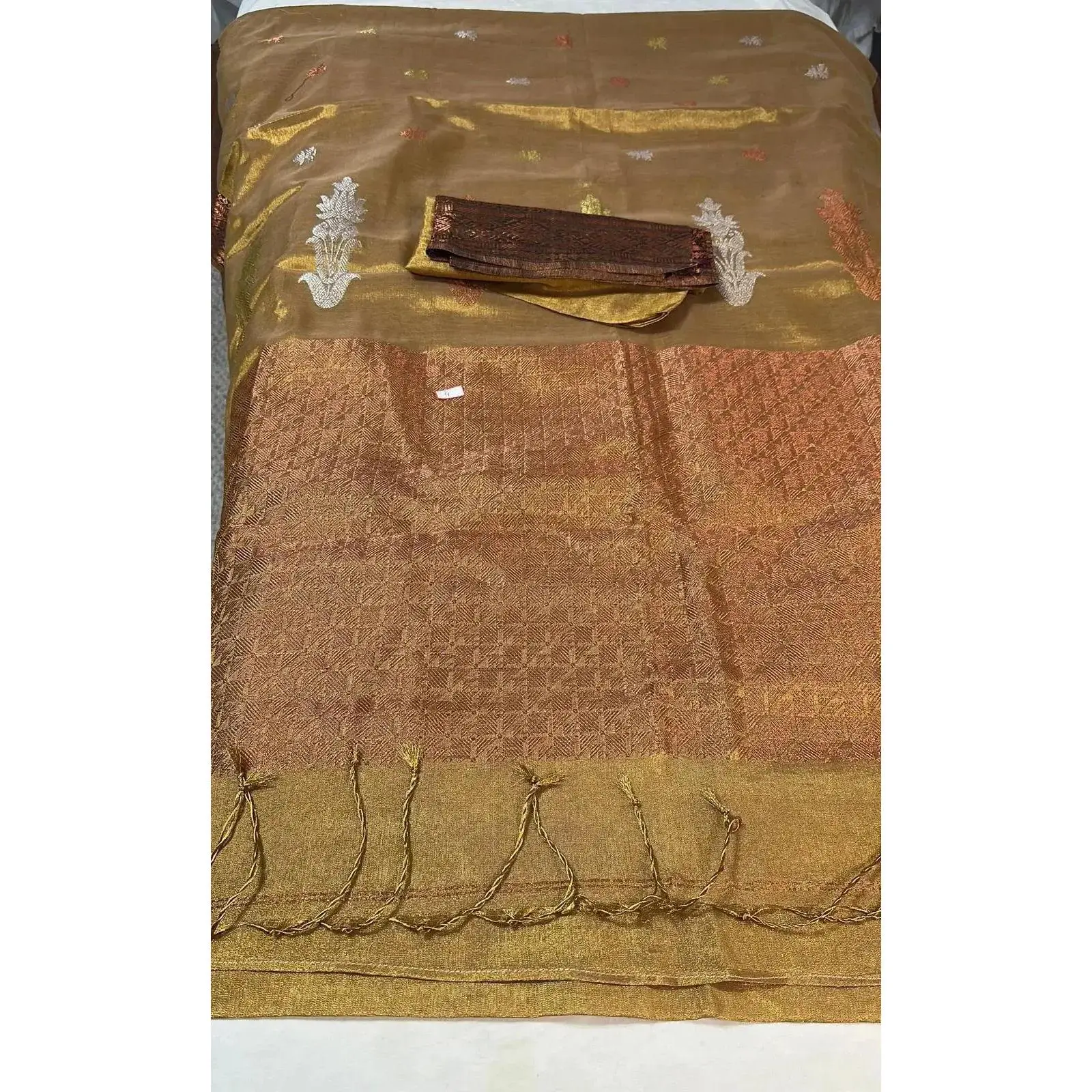 Naksha Tissue Border Saree with Silver & Copper Zari – Bengali Handloom
