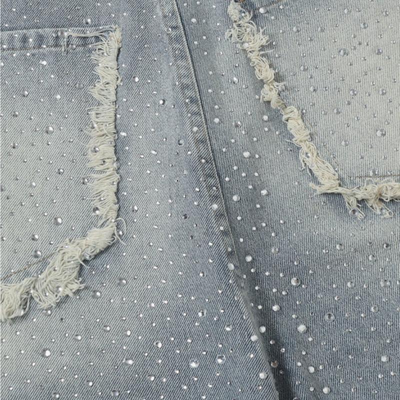 Aelfric Eden Rhinestone Application Loose Jorts Casual Soft Denim Jorts Wide Leg Streetwear Trendy Bottoms Baggy Jorts Summer Baggy Denim Shorts Wide Leg Loose Fit