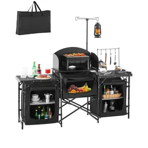 Camping Kitchen Table, Folding Outdoor Cooking Table with Storage Carrying Bag, Aluminum Cook Station 3 Cupboard & Detachable Windscreen, Quick Set-up for Picnics, BBQ, RV Traveling (Black/Brown/Black Table Top)
