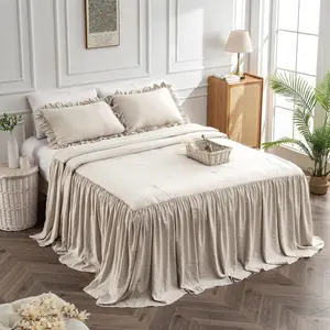 Home Bedding Bedspread Set Quilt, Farmhouse Summer Coverlet, Lightweight Chic Vintage Rustic Bedding with Ruffle Skirt, Comes with 2 Pillow Shams, King Size, Wheat Yellow
