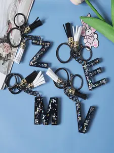 Initials Keychain with Tassel, Cute Star Confetti Decor Key Chain Ring, Bag Backpack Charm, Car Keychain, Daily Gift for Women & Girls