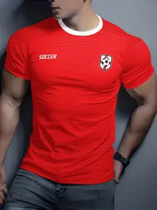 Men's Sports Jersey, World Cup Fan Support Football Print Short Sleeve T-Shirt, Soccer Badge, Sporty Striped Design, Summer Clothing