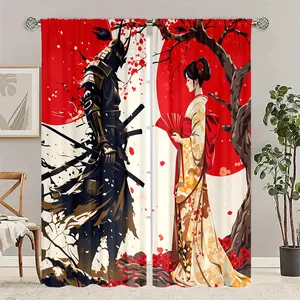 2 pieces of Japanese samurai and geisha cherry blossom semi blackout curtains - modern woven polyester, pole bag, insulated, privacy filtered curtains, suitable for bedrooms and living rooms