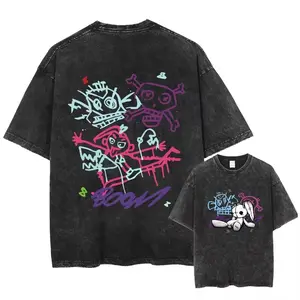 Arcane Jinx Monkey Graffiti Graphic T-Shirt, 2025 Hot Vintage Washed Retro O-Neck Short Sleeve Tee, Y2K Harajuku Streetwear Printed Casual Loose Cotton Tops, Fashion Unisex Apparel for Summer Daily Outdoor Party Fan Street Wear