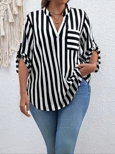 Plus Size Women's Shirt, Striped Casual Fashion Top, Comfortable Fitted Fit, Stylish Design, Perfect for Daily Wear, Trendy Ladies Clothing
