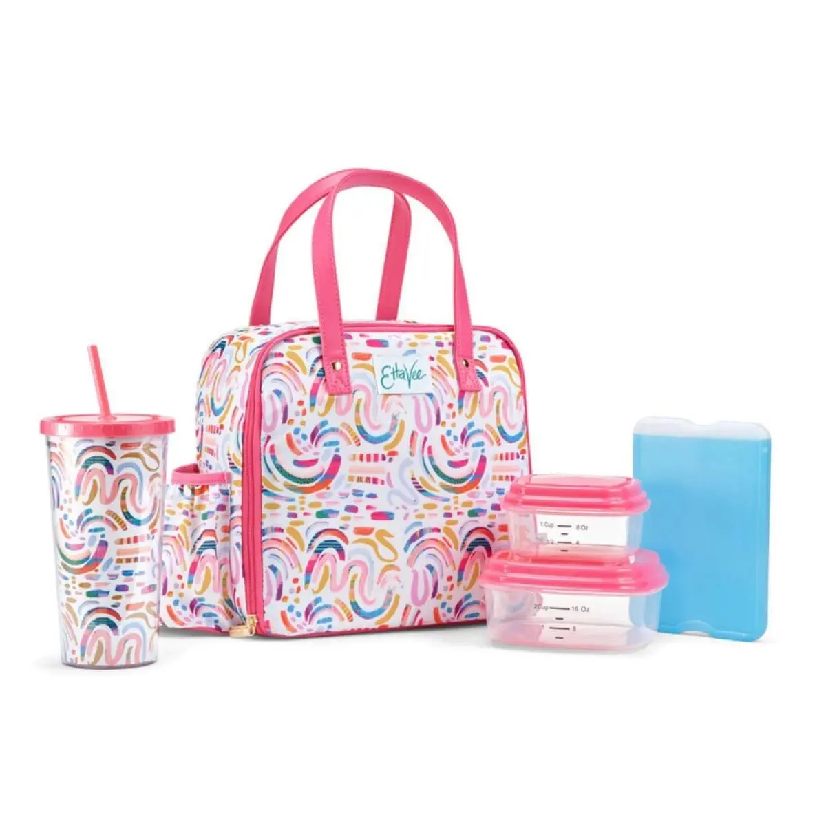 Fit & Fresh Artist Collection Deluxe Rainbow Art Lunch Kit - 5-Piece Set with Leakproof 1-Cup Snack Container, 20-Oz Tumbler Bottle, Original Prints, Snap Lids, Faux Leather for Back to School Haul, Bento Box Lunch Ideas, Packing for Kid/Husband, Packing