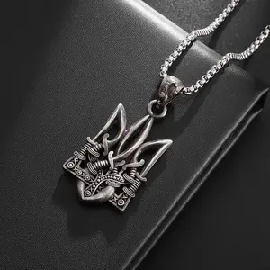 Retro Gothic Neptune Poseidon Trident Necklace Ukraine National Emblem Pendant Men's Amulet Good Luck Fashion Jewelry