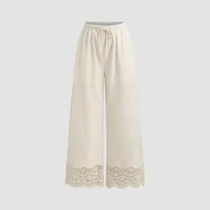 Cider Cotton Floral Trim Elastic Waist Embroidery Hollow Out Wide Leg Trousers