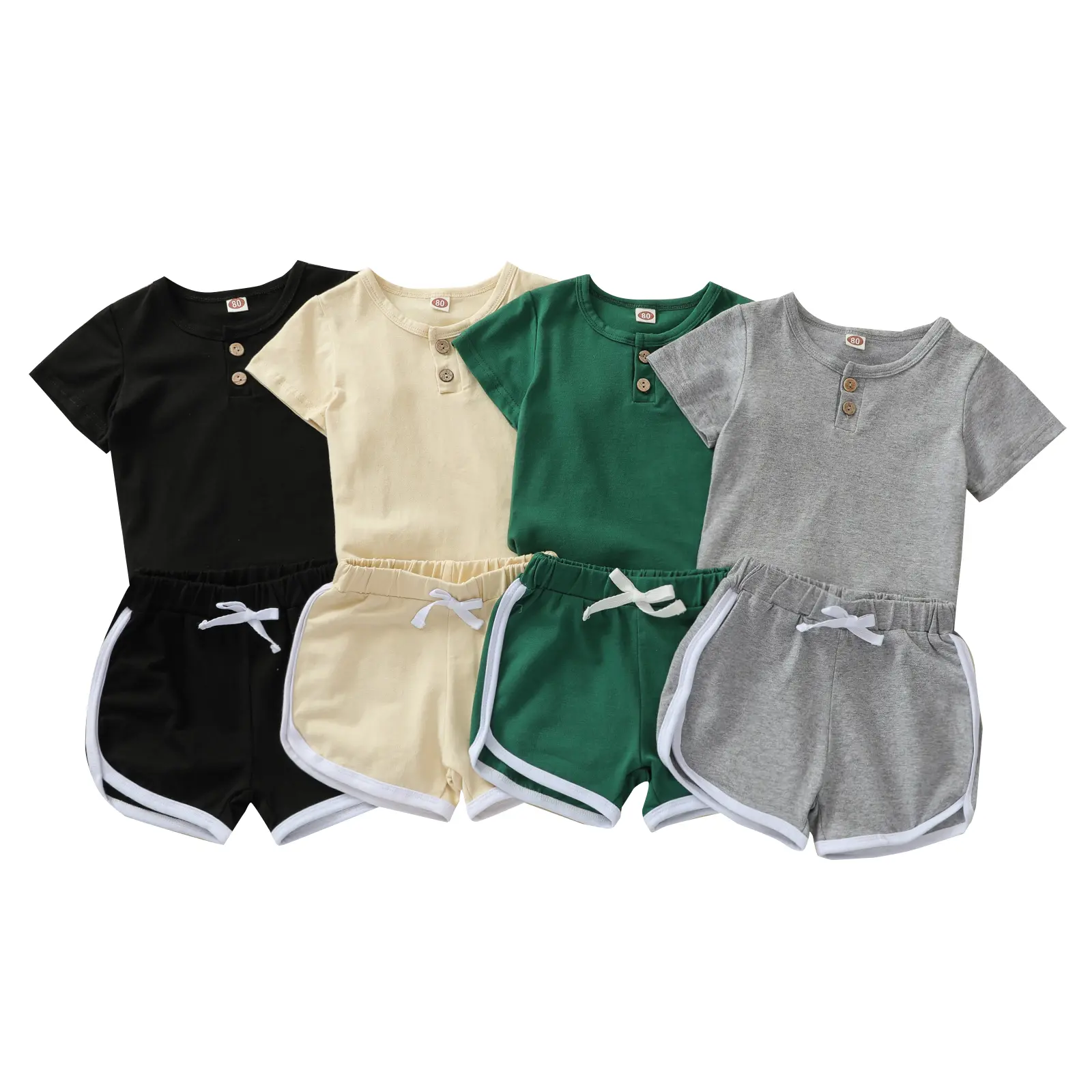 Kids Suit Set, Summer Boys Solid Color O-Neck Short Sleeve Tops+ Short Pants, Black/Apricot/Green/Gray, 6 Months-4 Years