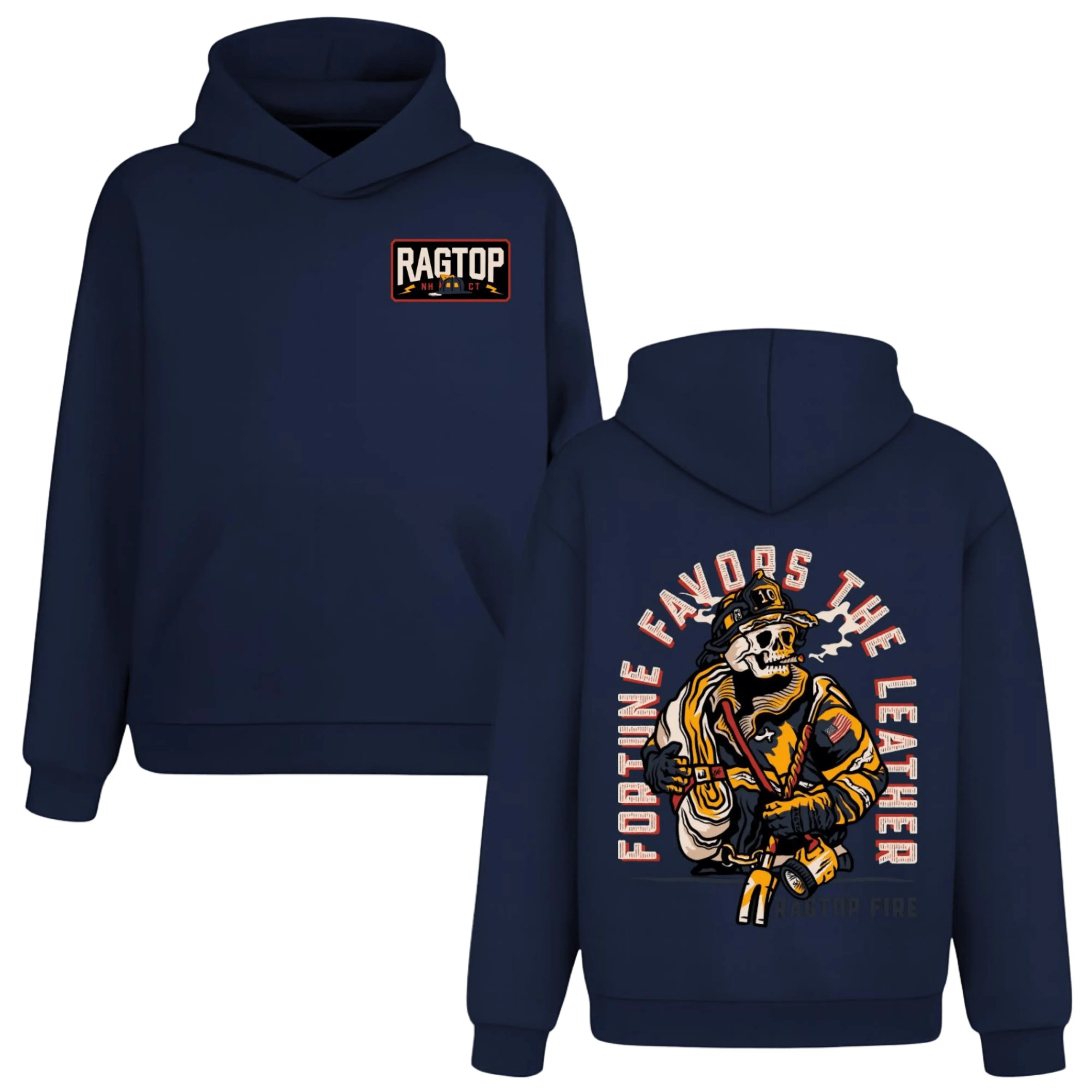 Fortune Favors The Leather Skeleton Firefighter Hoodie, 2 Sides, Ragtop Fire Hooded Sweatshirt