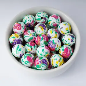 Red and Purple Flowers Silicone Beads Printed Round Silicone Beads