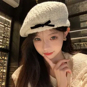 Hat for Women Japanese Style Niche Bowknot Plush Beret for Women Autumn and Winter New Cute Sweet White Painter Hat