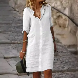 2023 Independent Cross-border New Loose Turn-down Collar Button Mid-sleeve Solid Color Cotton Linen Shirt Dress Summer White