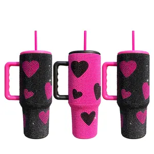 4/8/12 Pack USA Warehouse Hot Pink Black 40oz Sweet Heart Print Bling Rhinestone Tumblers Drinkware Flasks