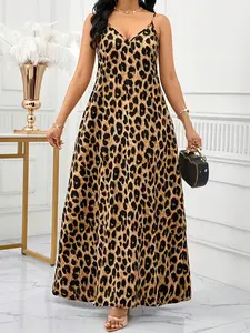Women's Leopard Print Maxi Dress, Feminine, V Neck, Adjustable Spaghetti Straps, Side Seam Pockets, Full Length, Beach Vacation Casual Resort Wear, Smooth Drapey Woven Fabric, Lightweight Breathable Wrinkle-resistant, Vintage Elegant Vacation Style