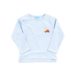 Construction Truck Light Blue Stripe Pocket Shirt - Boys Long Sleeve T-Shirt