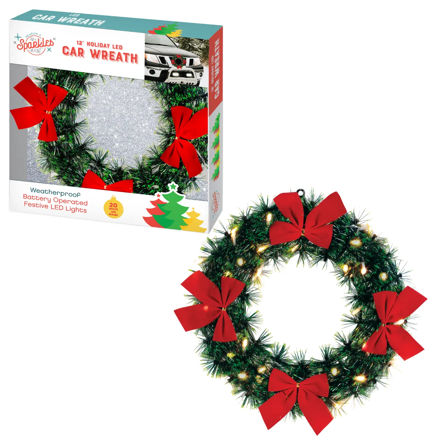 12 Inch Holiday LED Car Wreath with 20 LED Lights – Lighted Christmas Wreath for Car Grill, Trucks, SUVs & Vehicles – Battery Operated Wreath for Cars with Bow. Easy to Mount.