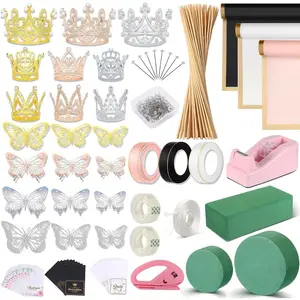 Floral Wrapping Paper Kit, 60Sheet Waterproof Floral Paper, 3Rolls Ribbon for Flower Bouquet, 2Rolls Transparent Tape, 100Pcs Flower Pins, 48Pcs 3D Butterflies, 9Pcs Crowns 3 Floral Foam Blocks